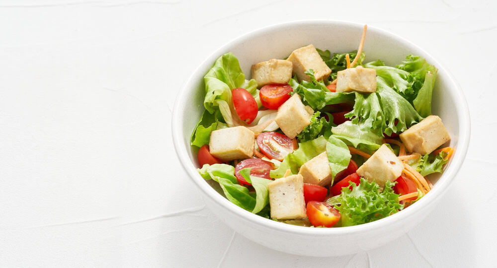 Mix,Salad,Green,Leaves,Tofu,On,White,Table,Background.,Mix