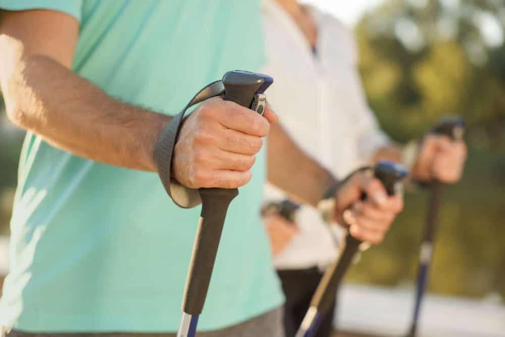 Man,Practicing,Nordic,Walking,With,Poles,Outdoors,,Closeup